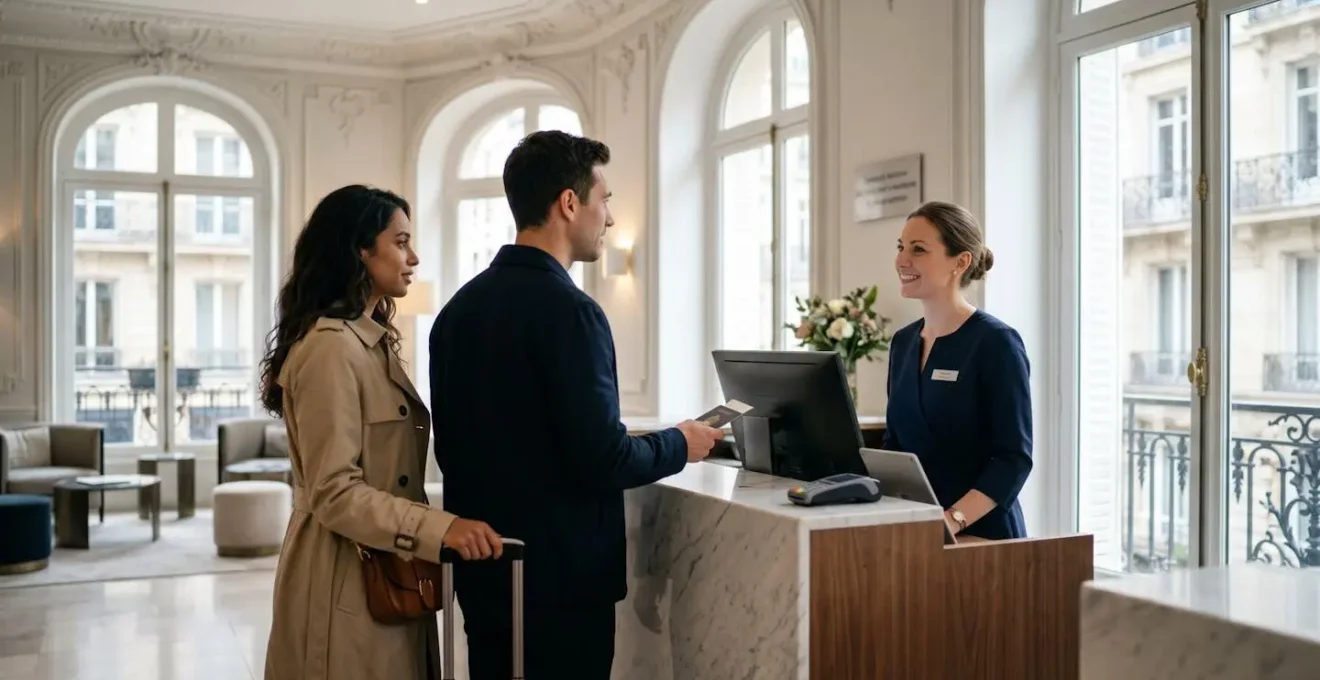 Réceptionniste d'hôtel parisien accueillant discrètement un couple de voyageurs dans un hall haussmannien lumineux