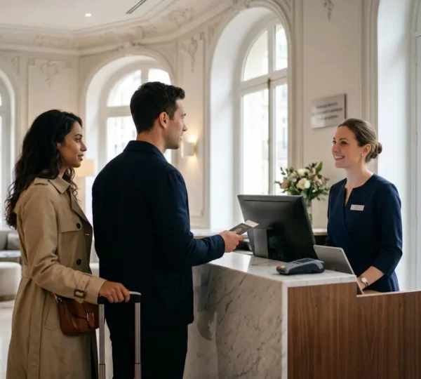 Réceptionniste d'hôtel parisien accueillant discrètement un couple de voyageurs dans un hall haussmannien lumineux