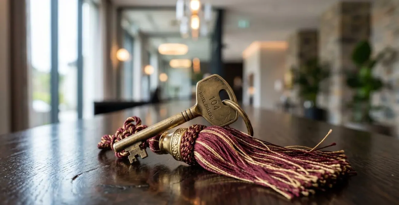 Clé de chambre d'hôtel traditionnelle avec large pompon posée sur un comptoir en bois sombre de réception
