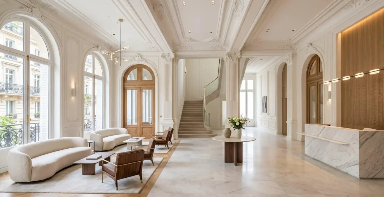 Hall d'hôtel parisien vide avec architecture haussmannienne, moulures, haute hauteur sous plafond et mobilier contemporain élégant